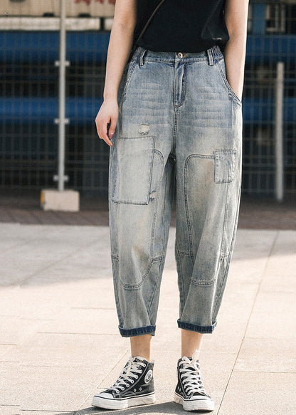 Blue Ripped Denim Pants Oversized Patchwork Summer Applique Chic