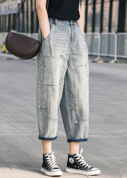 Blue Ripped Denim Pants Oversized Patchwork Summer Applique Chic