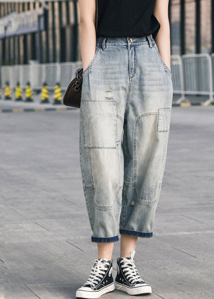 Blue Ripped Denim Pants Oversized Patchwork Summer Applique Chic
