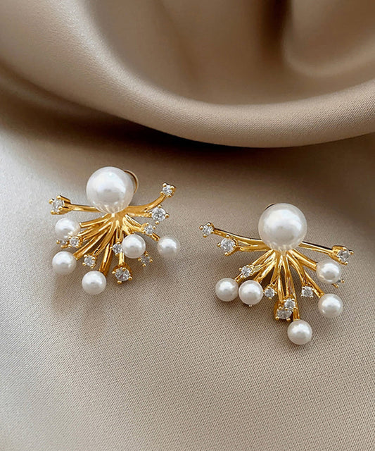 Copper Stud Earrings Gold Overgild Fireworks Classy Zircon Pearl