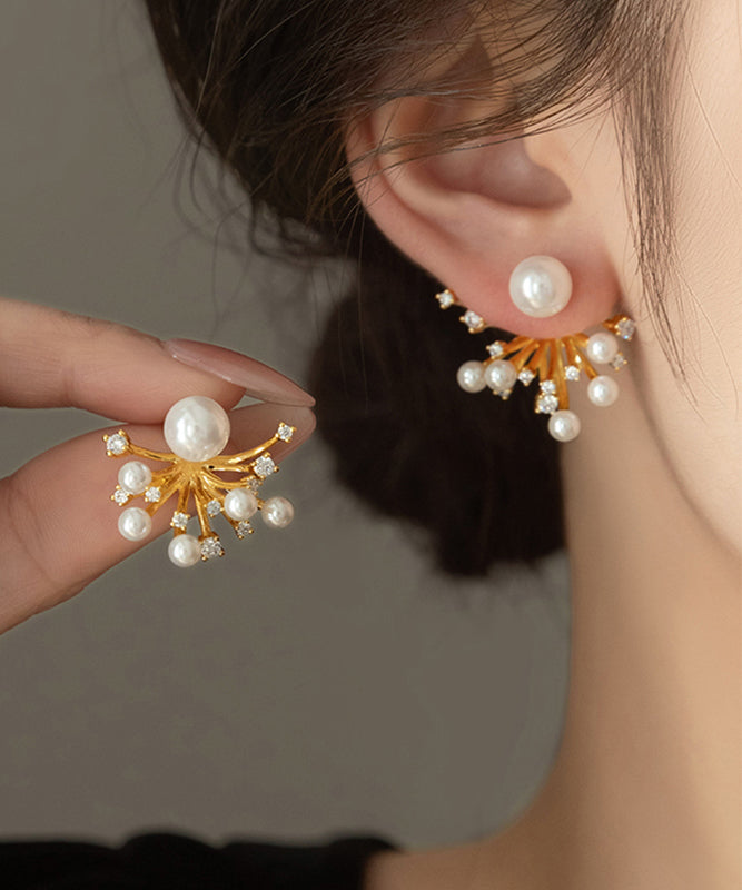 Copper Stud Earrings Gold Overgild Fireworks Classy Zircon Pearl