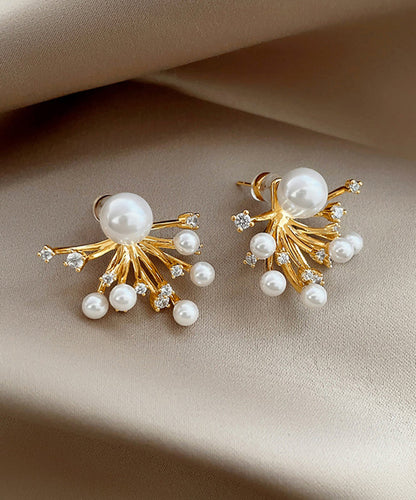 Copper Stud Earrings Gold Overgild Fireworks Classy Zircon Pearl