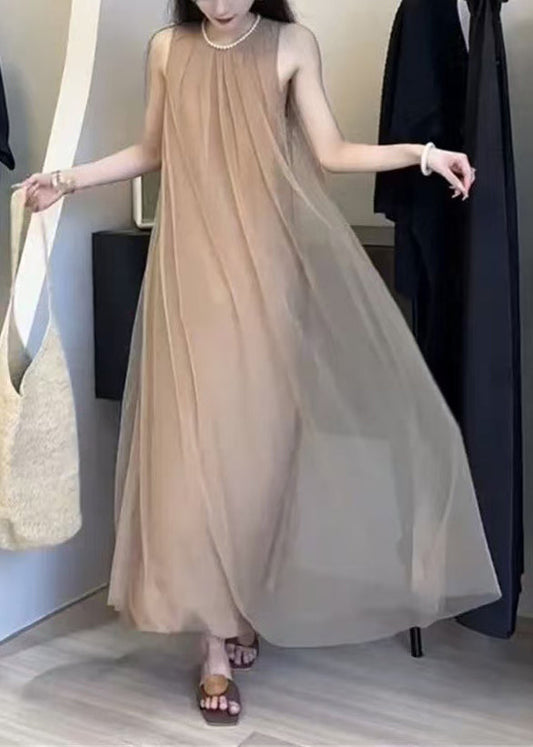 Sleeveless Line Draping A Dresses Chiffon Khaki Classy