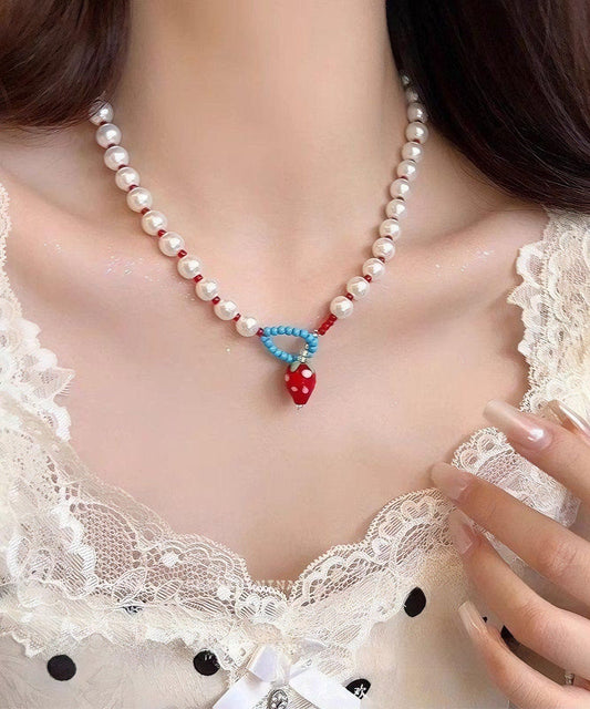 Pearl Strawberries Princess Cute Alloy Necklace White