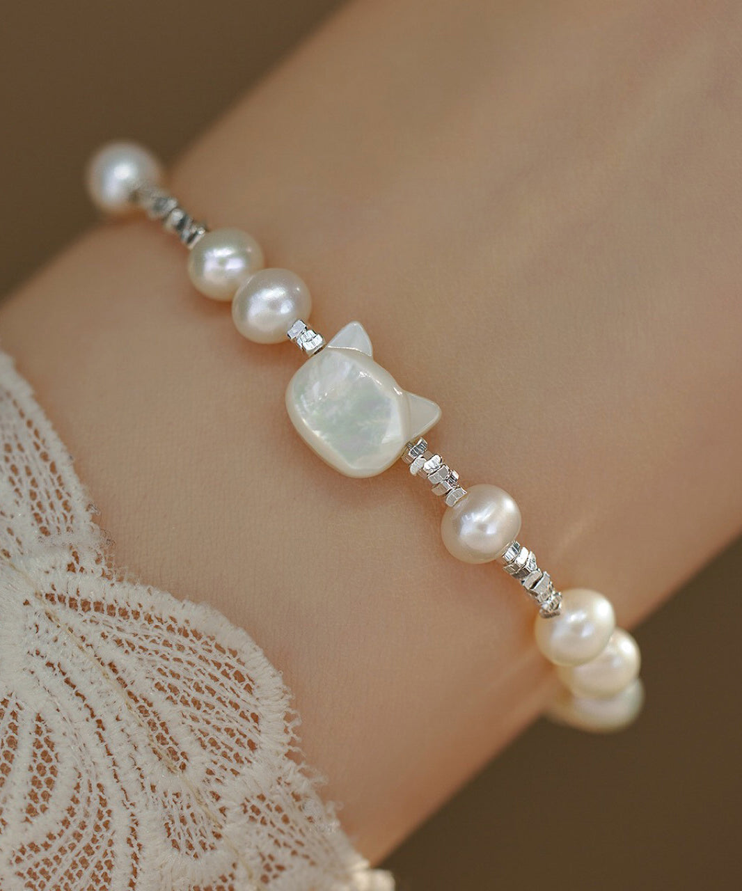 小さなシルバーホワイトクラッシュキャッツDIYスターリングブレスレットパール