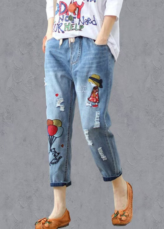 Elastic Denim Blue Summer Waist Embroidered Pants