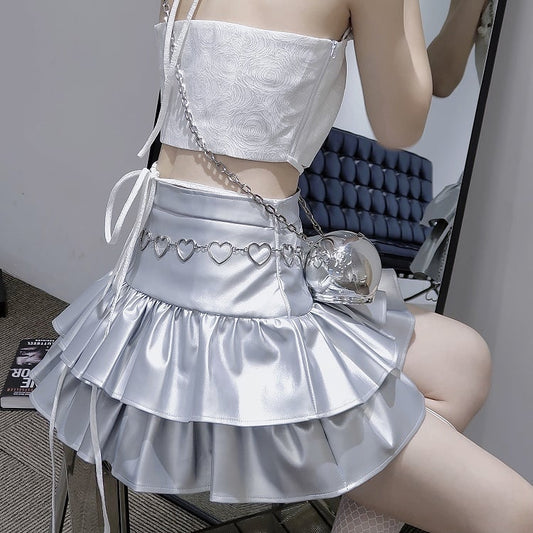 Stufenrock Leder PU Silber High Waist