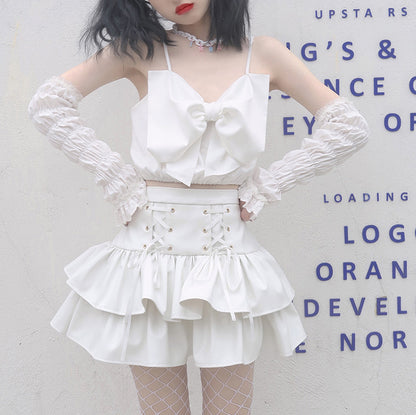 Skirt High Tiered Waist PU Leather White