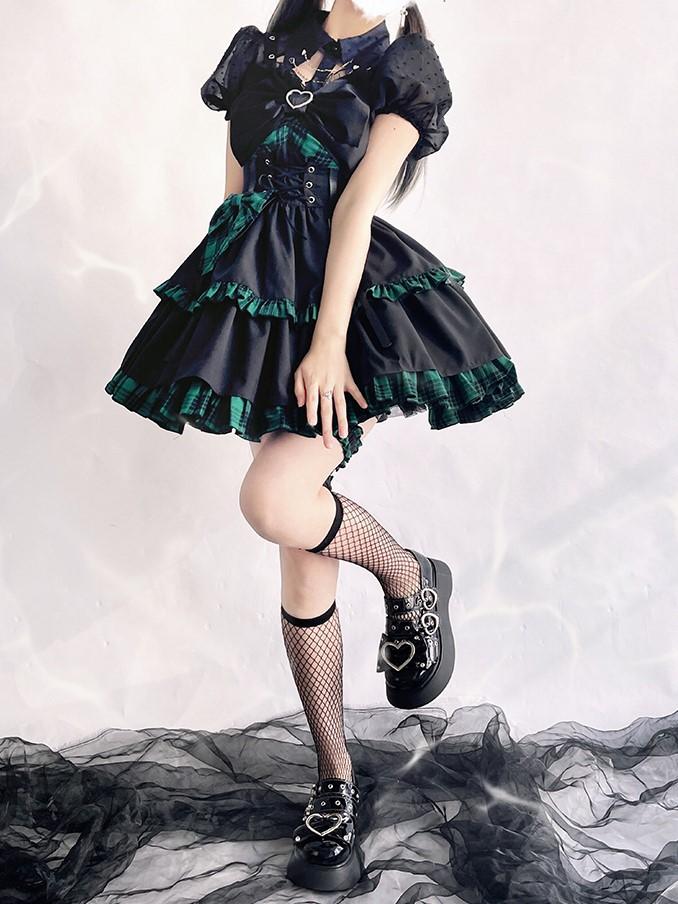 Punk Idol Lolita-Kleid, schwarz und kariert, blauer Pulloverrock