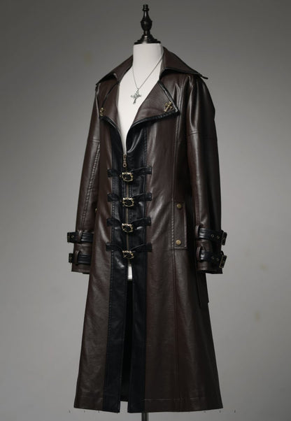 Midnight Hunter Brown Steampunk Lolita PU Leather Trench Coat