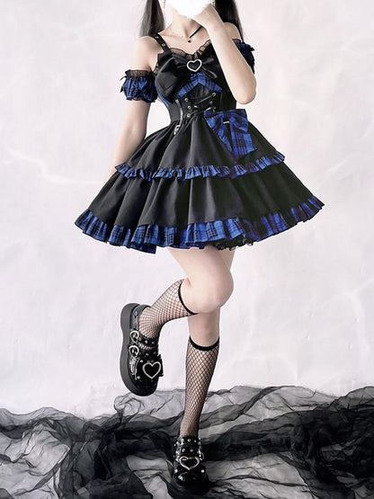 Punk Idol Lolita-Kleid, schwarz und kariert, blauer Pulloverrock