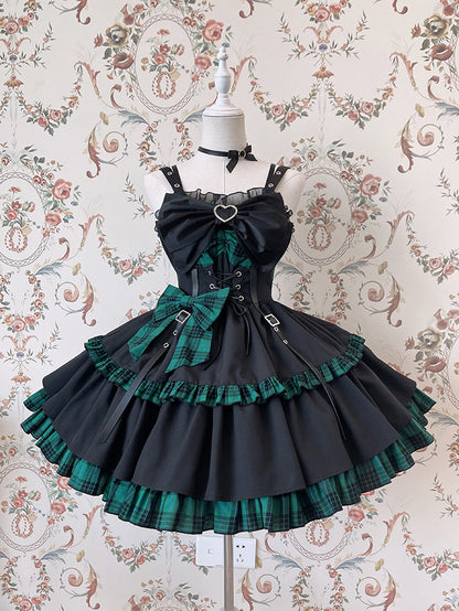 Punk Idol Lolita-Kleid, schwarz und kariert, blauer Pulloverrock