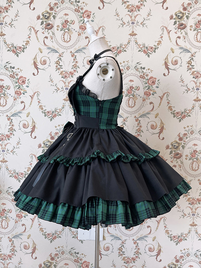 Punk Idol Lolita-Kleid, schwarz und kariert, blauer Pulloverrock