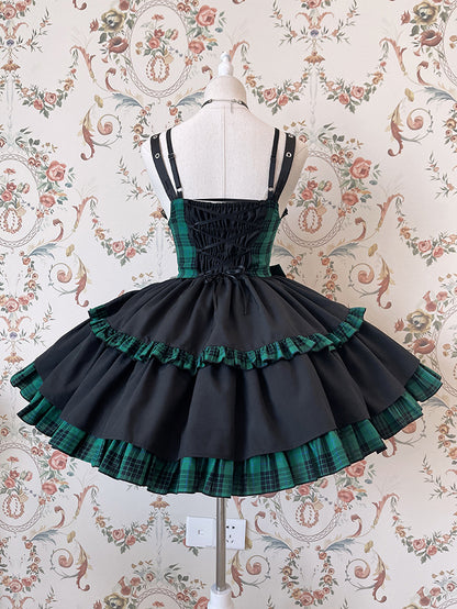 Punk Idol Lolita-Kleid, schwarz und kariert, blauer Pulloverrock