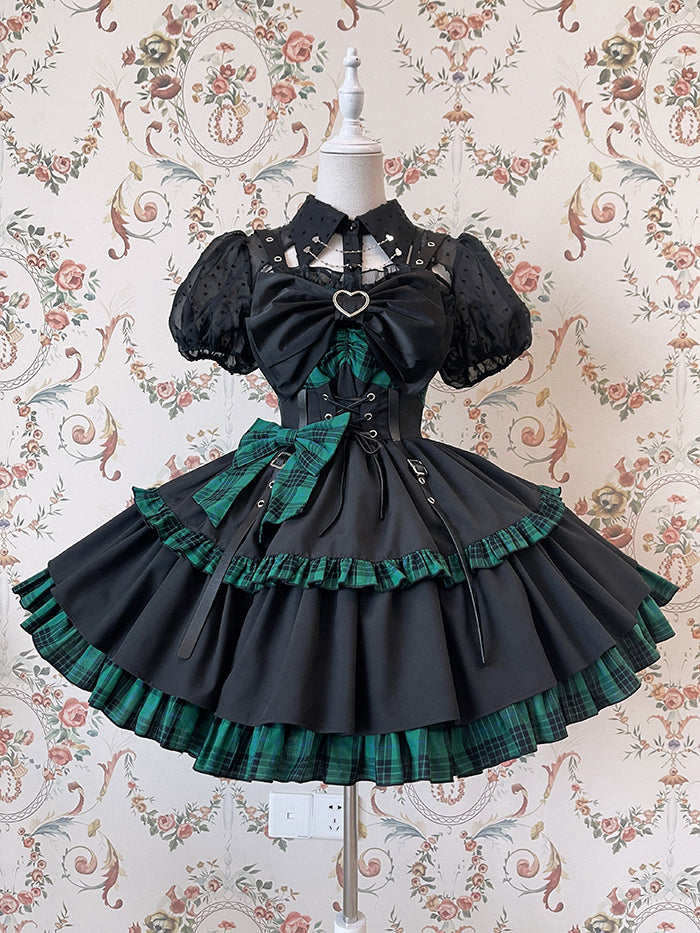 Punk Idol Lolita-Kleid, schwarz und kariert, blauer Pulloverrock