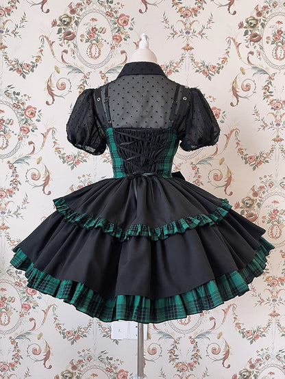 Punk Idol Lolita-Kleid, schwarz und kariert, blauer Pulloverrock