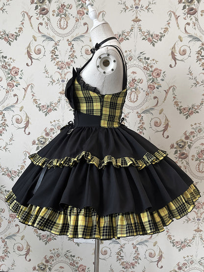 Punk Idol Lolita-Kleid, schwarz und kariert, blauer Pulloverrock