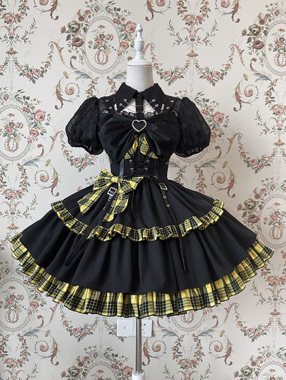 Punk Idol Lolita-Kleid, schwarz und kariert, blauer Pulloverrock