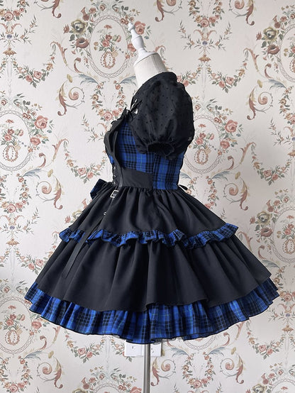 Punk Idol Lolita-Kleid, schwarz und kariert, blauer Pulloverrock
