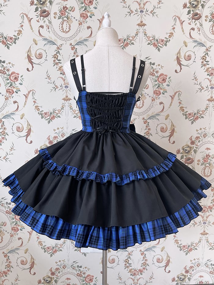 Punk Idol Lolita-Kleid, schwarz und kariert, blauer Pulloverrock