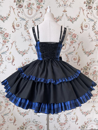 Punk Idol Lolita-Kleid, schwarz und kariert, blauer Pulloverrock