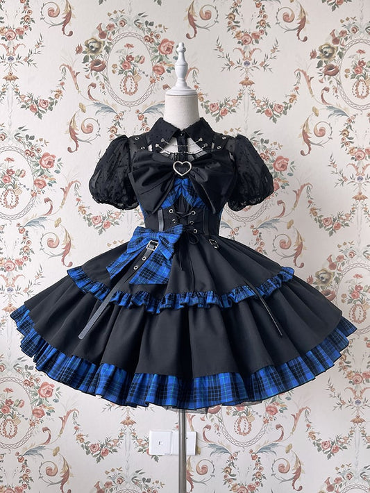 Punk Idol Lolita Dress Black and Plaid Blue Jumper Skirt
