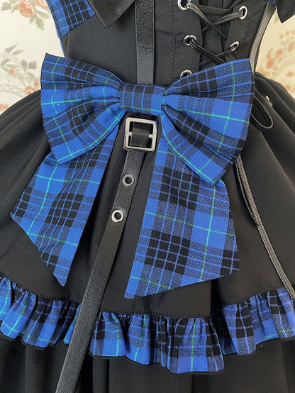 Punk Idol Lolita-Kleid, schwarz und kariert, blauer Pulloverrock