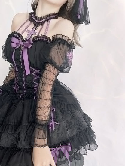 Cross Belle Black and Purple Corset Waist Gothic Lolita Dress