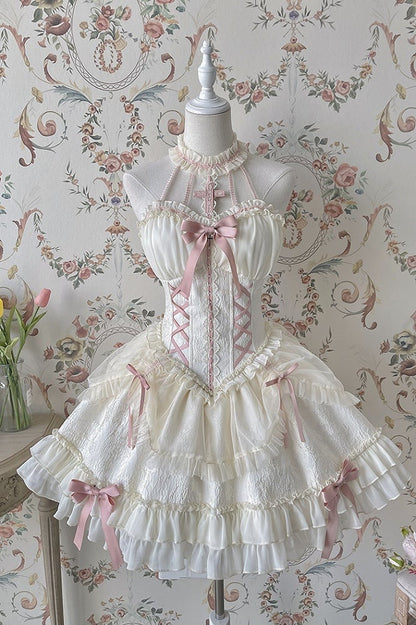 Neck Balletcore Corset Lolita Dress Pink Belle JSK Halter Cross