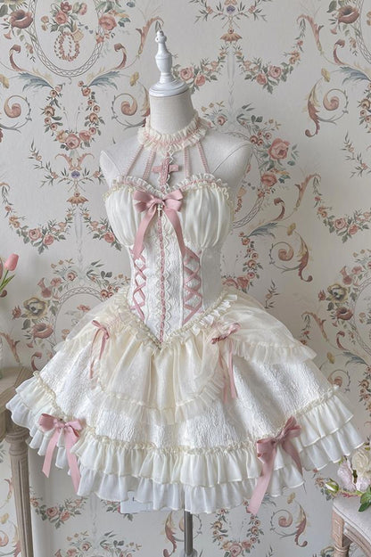 Cross Belle Ivory and Pink Corset Dress Halter Neck Balletcore Lolita JSK