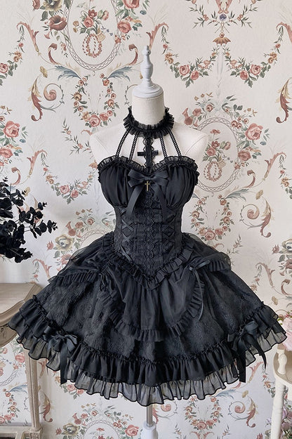 Neck Balletcore Corset Lolita Dress Pink Belle JSK Halter Cross