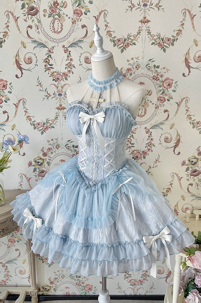 Neck Balletcore Corset Lolita Dress Pink Belle JSK Halter Cross