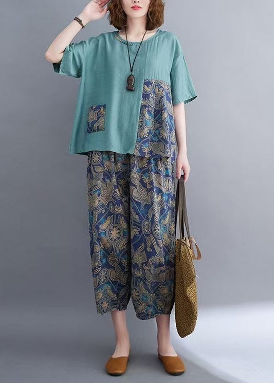 Two Asymmetrical Cotton Pieces Elegant Summer Set Patchwork Blue