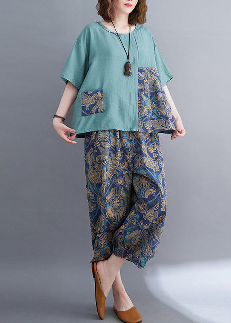 Two Asymmetrical Cotton Pieces Elegant Summer Set Patchwork Blue