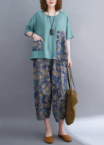Two Asymmetrical Cotton Pieces Elegant Summer Set Patchwork Blue