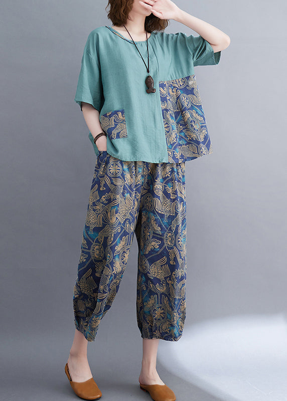 Two Asymmetrical Cotton Pieces Elegant Summer Set Patchwork Blue