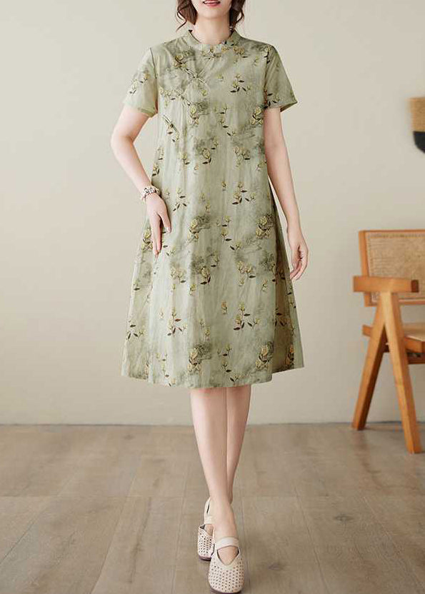 Cotton Green Print Summer Elegant Collar Dress Button Stand
