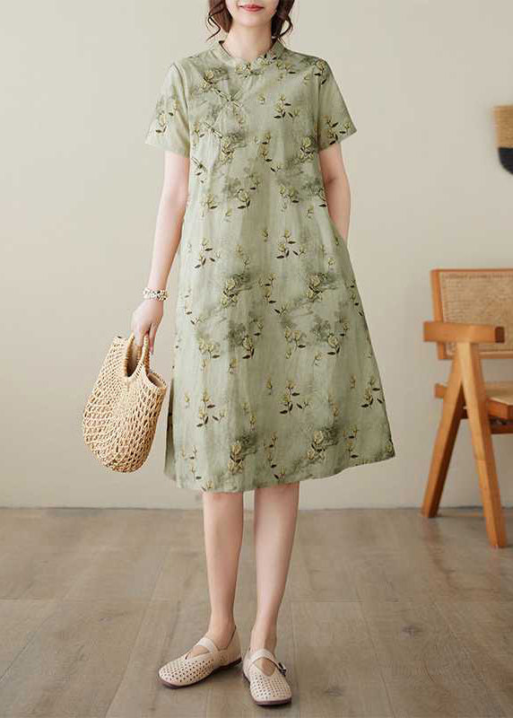 Cotton Green Print Summer Elegant Collar Dress Button Stand