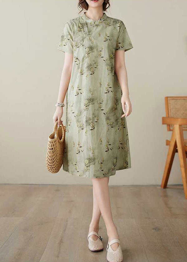 Cotton Green Print Summer Elegant Collar Dress Button Stand