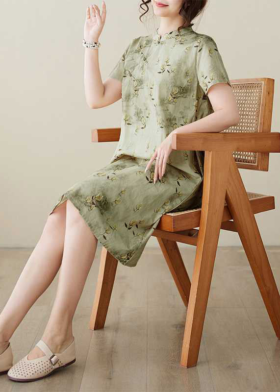 Cotton Green Print Summer Elegant Collar Dress Button Stand