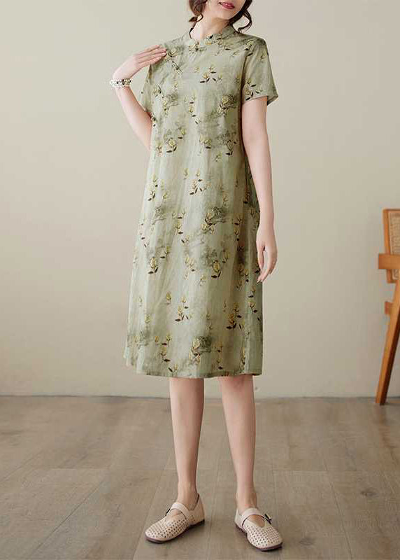 Cotton Green Print Summer Elegant Collar Dress Button Stand