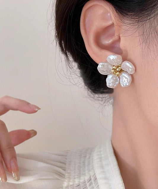 Elegant Earrings Stud Pearl Floral White Alloy Copper