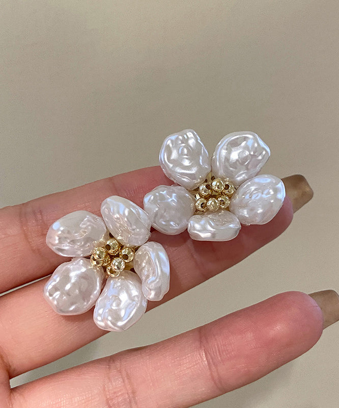Elegant Earrings Stud Pearl Floral White Alloy Copper