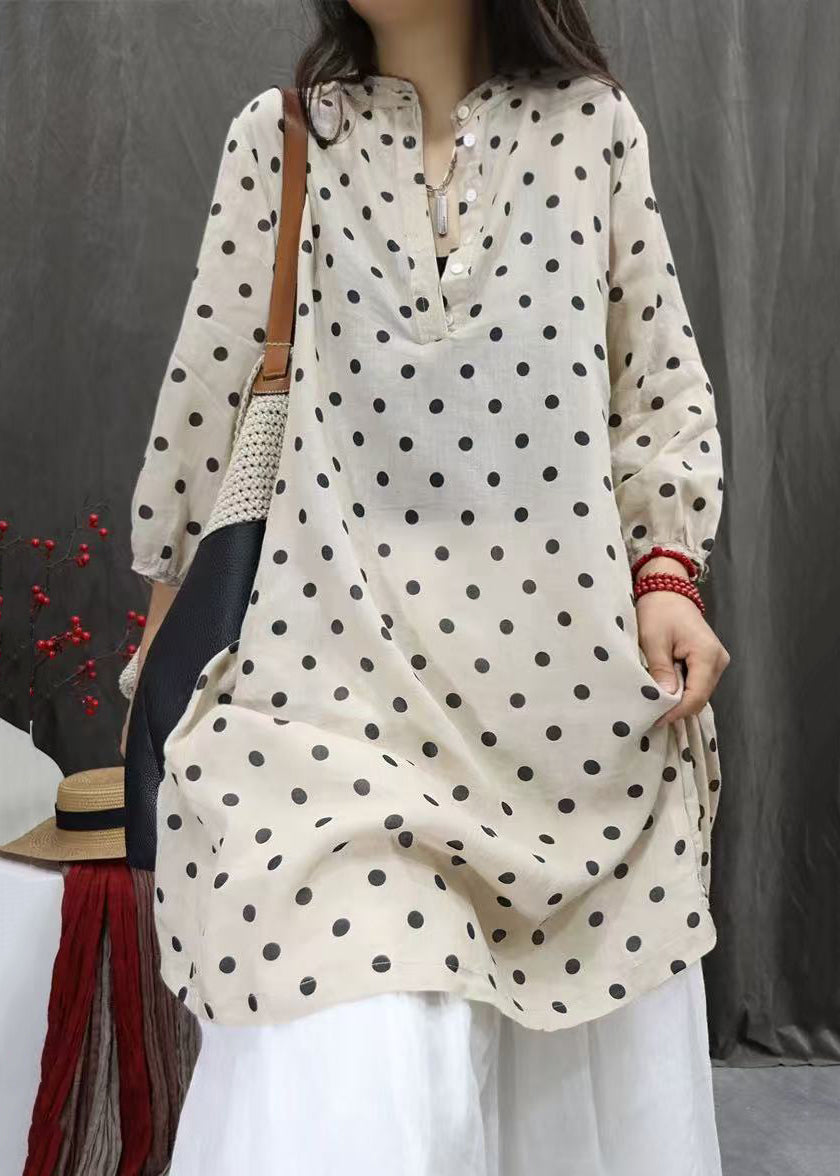 Kleid Elegante Weiße Herbst Taschen Baumwolle Dot Shirts Taste