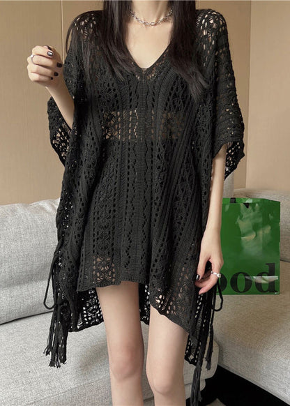 V Neck Low Design Summer Knit Ice Shirt T High Black Fashion Silk