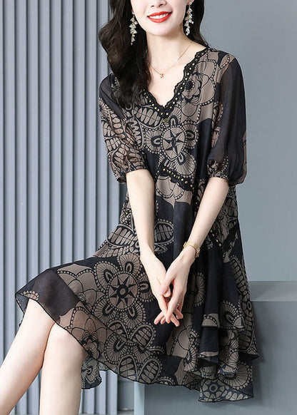 Dress Fashion Print Neck Black Chiffon Summer Maxi V