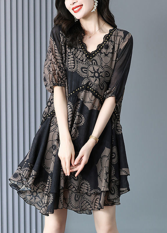 Dress Fashion Print Neck Black Chiffon Summer Maxi V