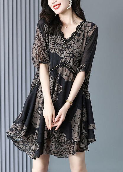 Dress Fashion Print Neck Black Chiffon Summer Maxi V