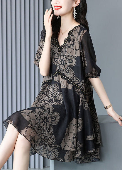 Dress Fashion Print Neck Black Chiffon Summer Maxi V