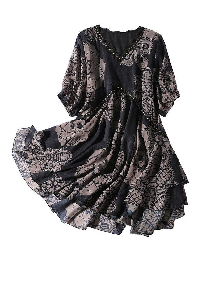 Dress Fashion Print Neck Black Chiffon Summer Maxi V